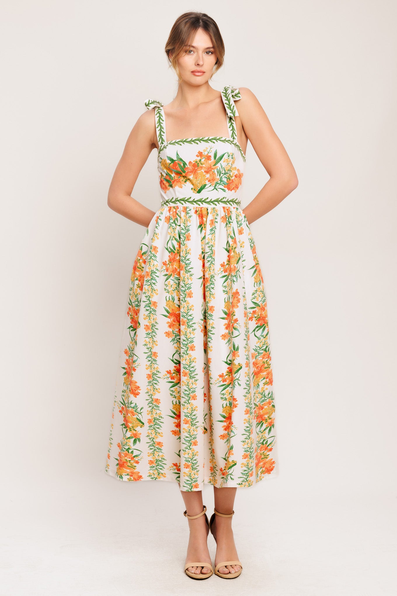 A printed woven midi dress featuring straight neckline, shoulder ties, full skirt and smocked back bodice

Details:

Self: 100% Polyester

Lining: 100% Polyester

Size & Fit

-Model is 5`8" And Wearing Size Small
-Measurements Taken From Size Small
-Approx. Length: 51"