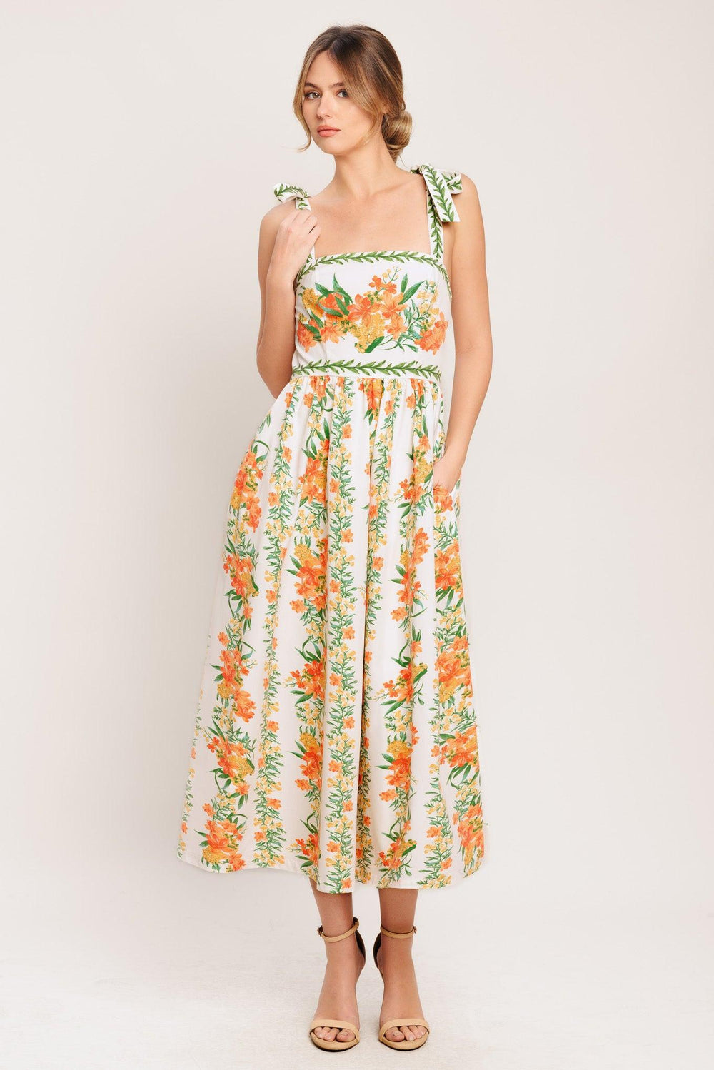 A printed woven midi dress featuring straight neckline, shoulder ties, full skirt and smocked back bodice

Details:

Self: 100% Polyester

Lining: 100% Polyester

Size & Fit

-Model is 5`8" And Wearing Size Small
-Measurements Taken From Size Small
-Approx. Length: 51"