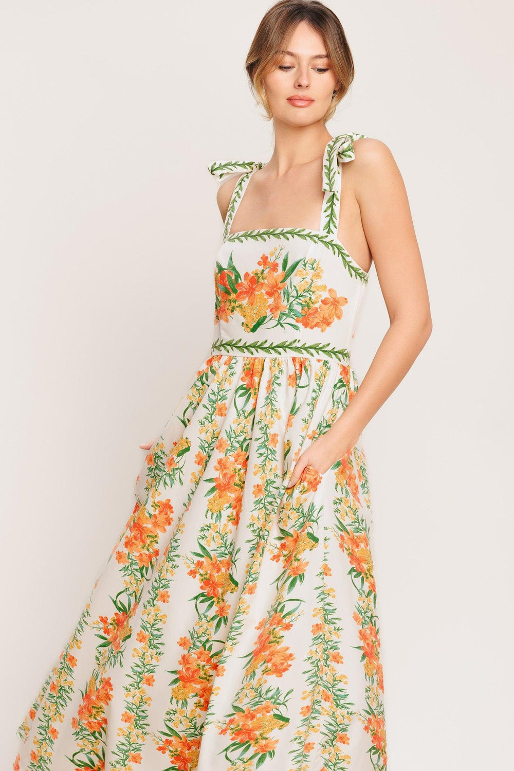 A printed woven midi dress featuring straight neckline, shoulder ties, full skirt and smocked back bodice

Details:

Self: 100% Polyester

Lining: 100% Polyester

Size & Fit

-Model is 5`8" And Wearing Size Small
-Measurements Taken From Size Small
-Approx. Length: 51"