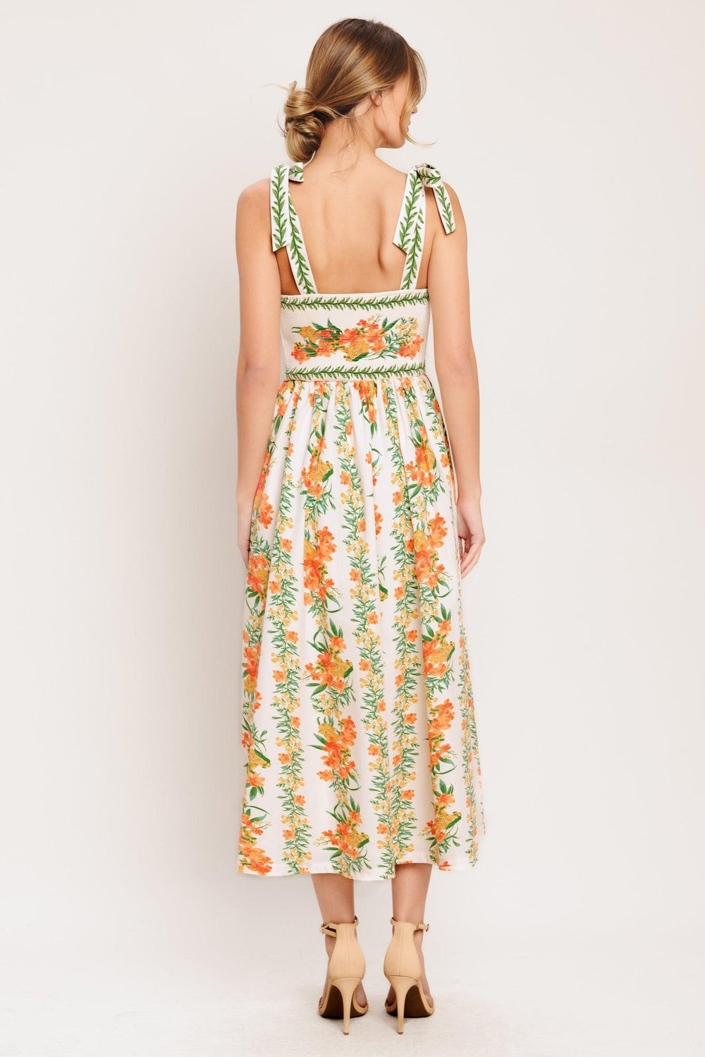 A printed woven midi dress featuring straight neckline, shoulder ties, full skirt and smocked back bodice

Details:

Self: 100% Polyester

Lining: 100% Polyester

Size & Fit

-Model is 5`8" And Wearing Size Small
-Measurements Taken From Size Small
-Approx. Length: 51"
