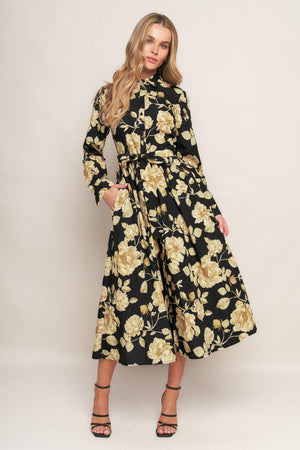 MIDNIGHT BLOOM BLACK WOVEN MIDI DRESS.