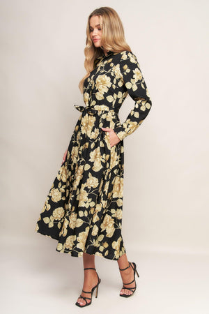 MIDNIGHT BLOOM BLACK WOVEN MIDI DRESS.