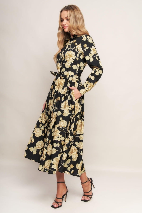 MIDNIGHT BLOOM BLACK WOVEN MIDI DRESS.