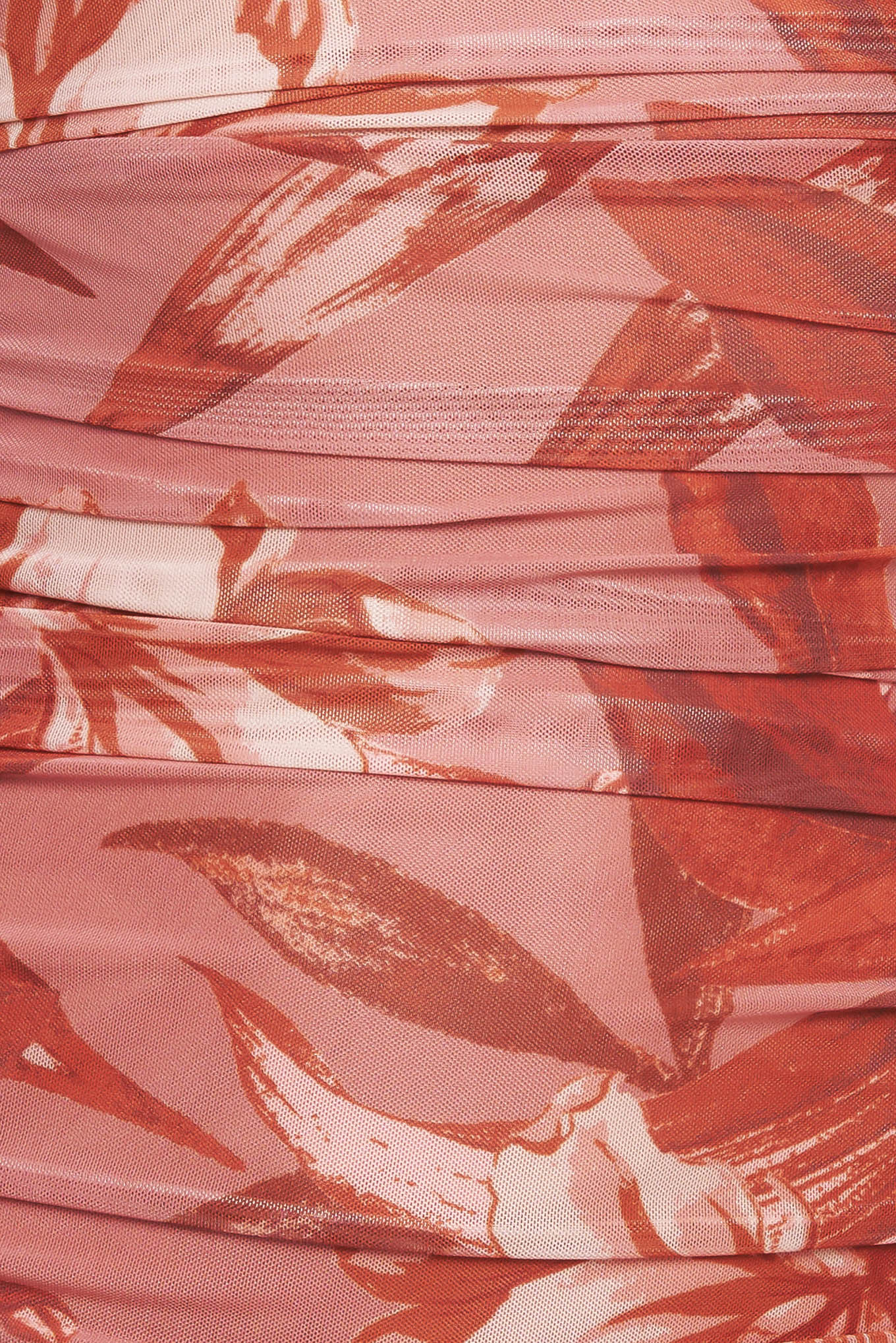 A printed power mesh midi dress featuring high neckline, long sleeve, side shirring and back zipper closure
