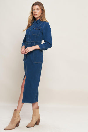 MIDNIGHT DARK INDIGO DENIM MIDI DRESS.