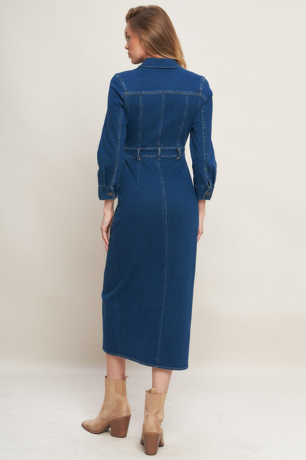 MIDNIGHT DARK INDIGO DENIM MIDI DRESS.