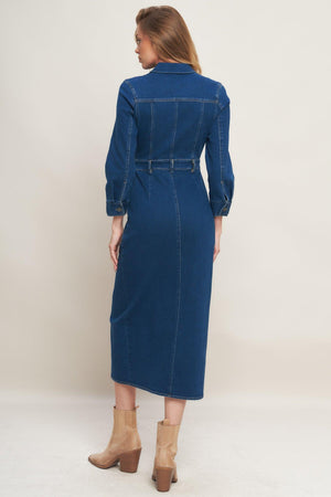MIDNIGHT DARK INDIGO DENIM MIDI DRESS.