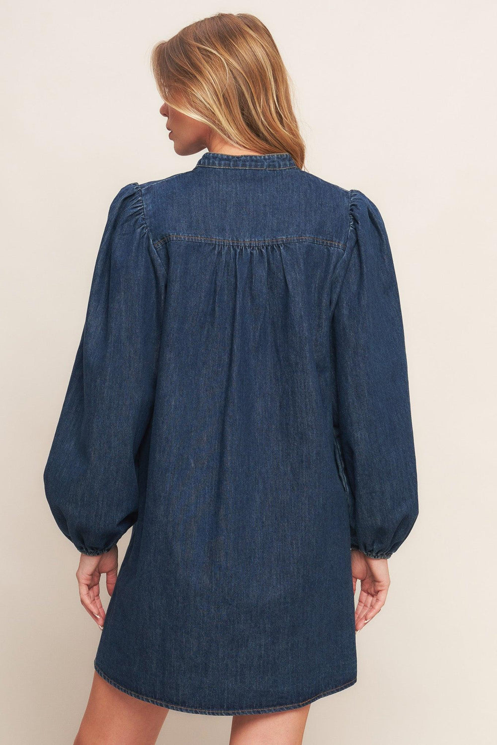 A washed denim mini dress featuring round neckline with V front, button down and long sleeve