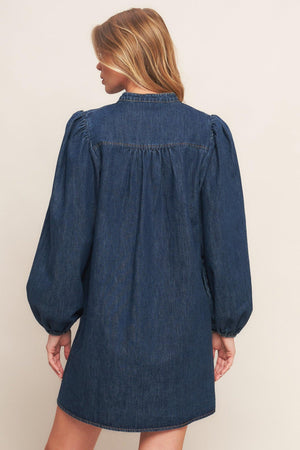A washed denim mini dress featuring round neckline with V front, button down and long sleeve
