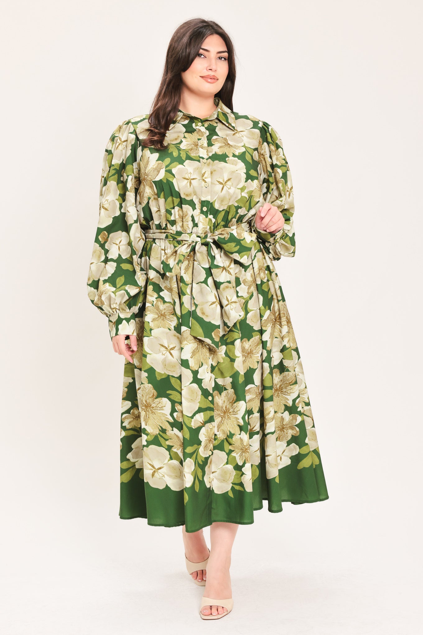 EVERGREEN CAMELLIA DREAM WOVEN MIDI SHIRT DRESS