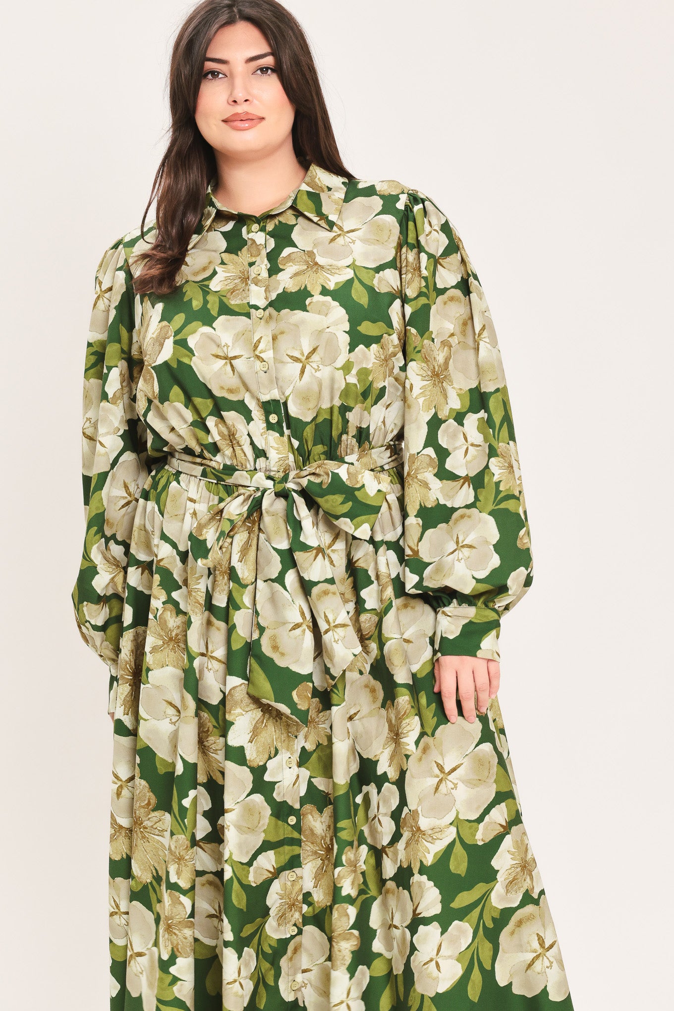 EVERGREEN CAMELLIA DREAM WOVEN MIDI SHIRT DRESS