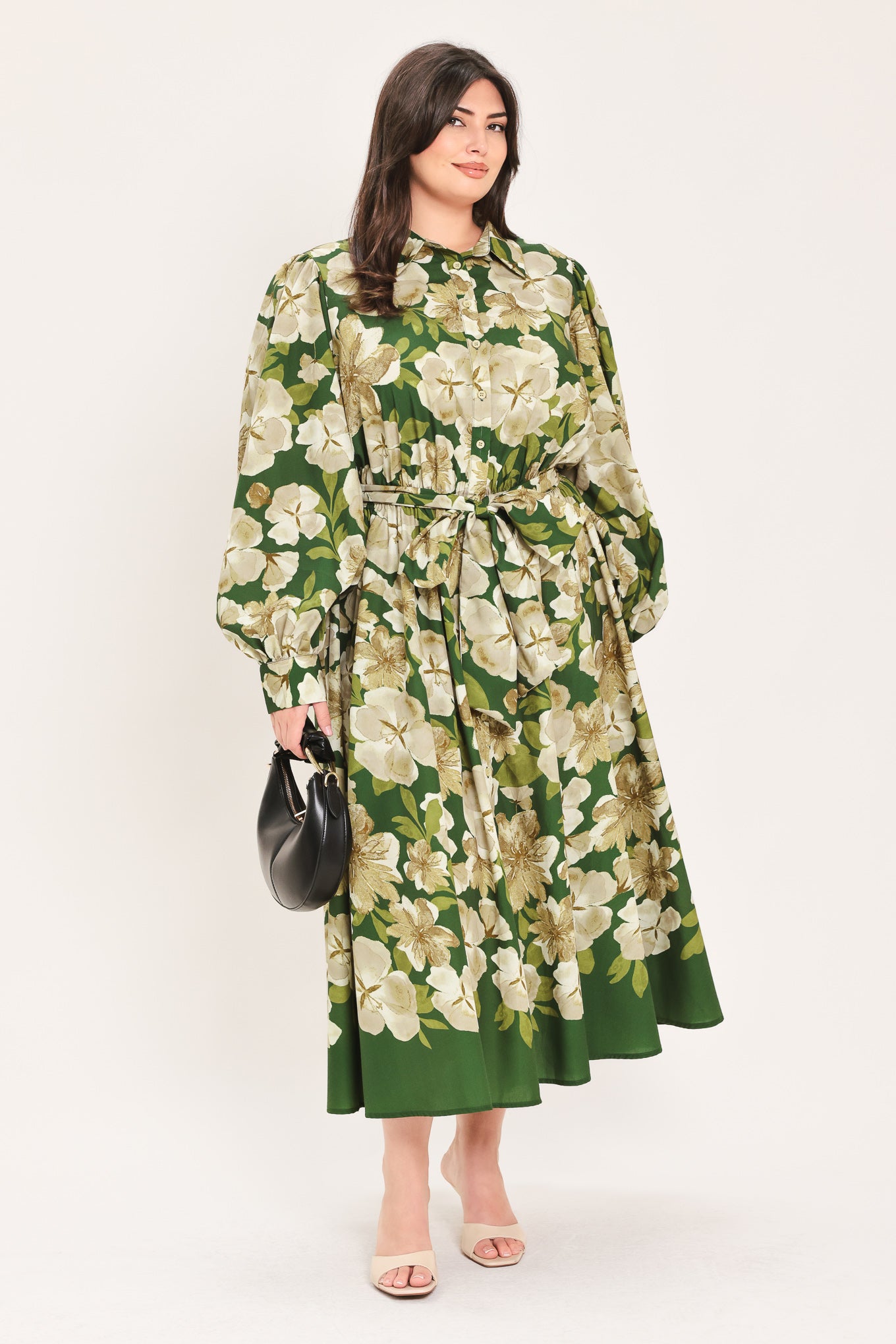 EVERGREEN CAMELLIA DREAM WOVEN MIDI SHIRT DRESS