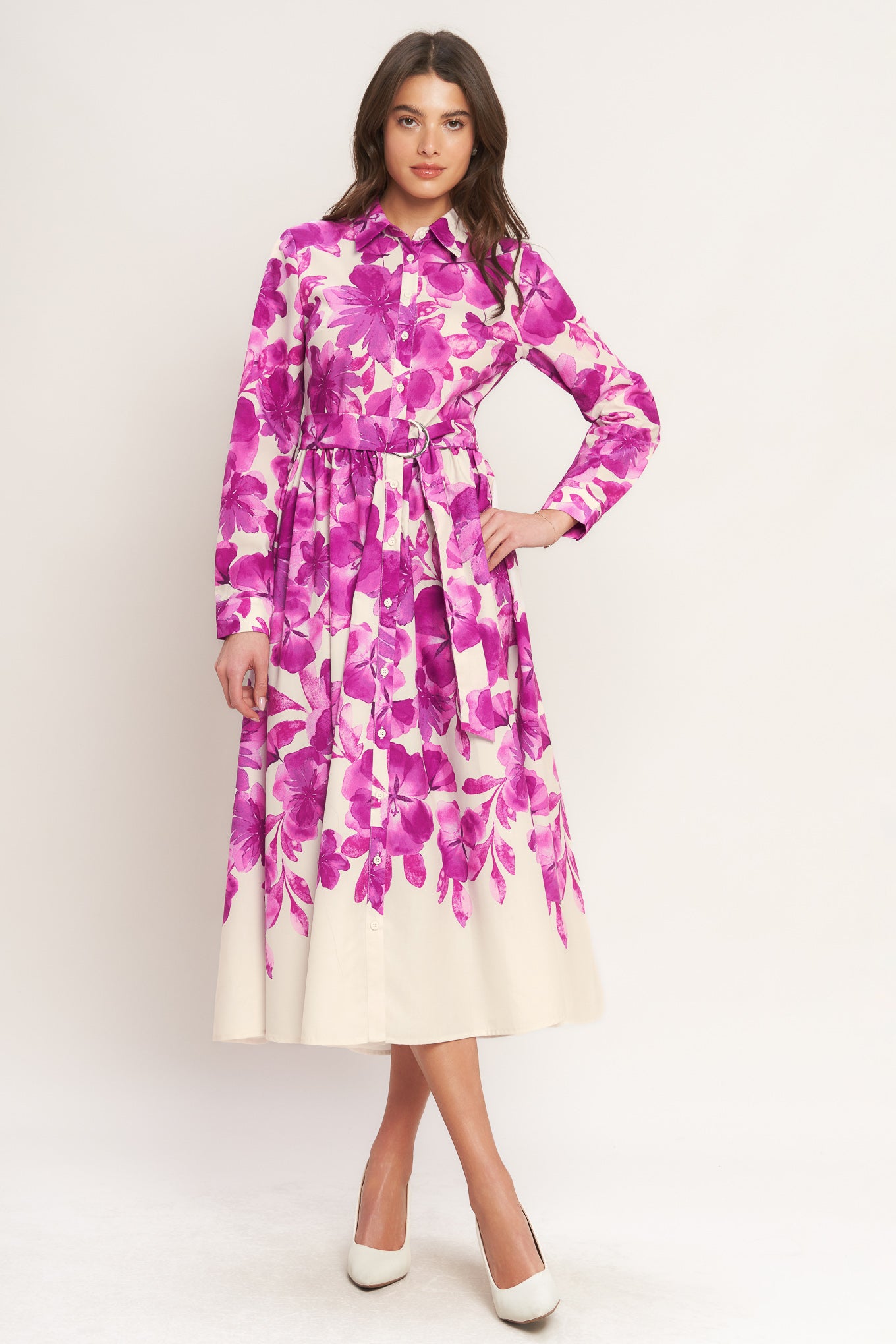 
A printed woven midi shirt dress featuring long sleeve, self belt, front button down and full skirt

Details:

Self : 100% Polyester

Size &amp; Fit

- Model is 5`8" And Wearing Size Small
- Measurements Taken From Size Small
- Approx. Length: 50" FLYING TOMATO