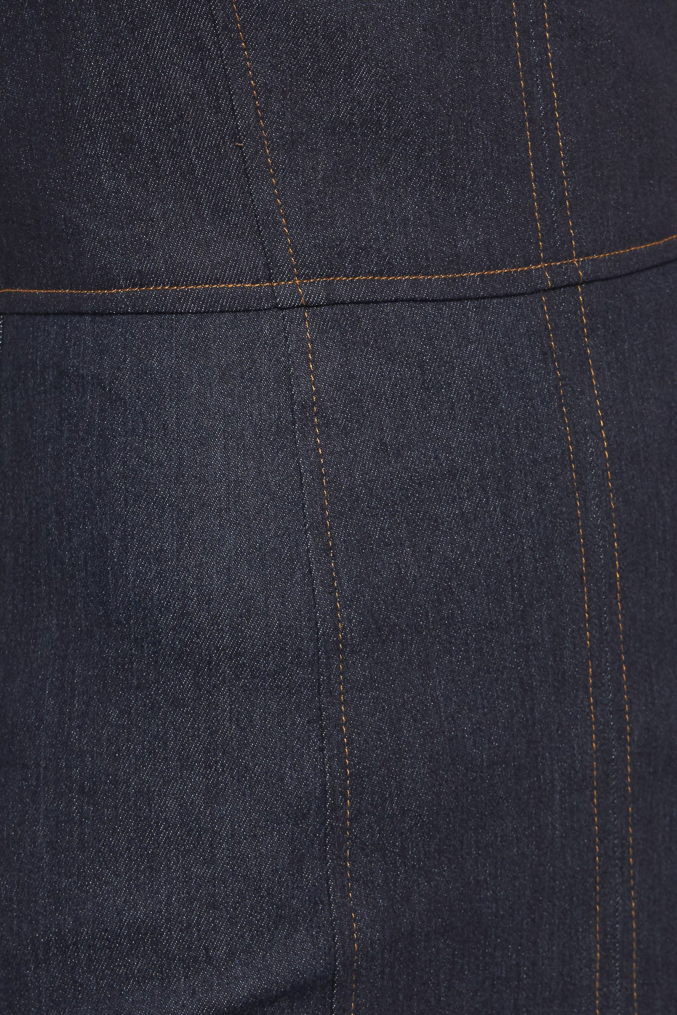 A denim midi dress featuring cami top with stitching detail, straps, pencil skirt and back zipper closure with slit