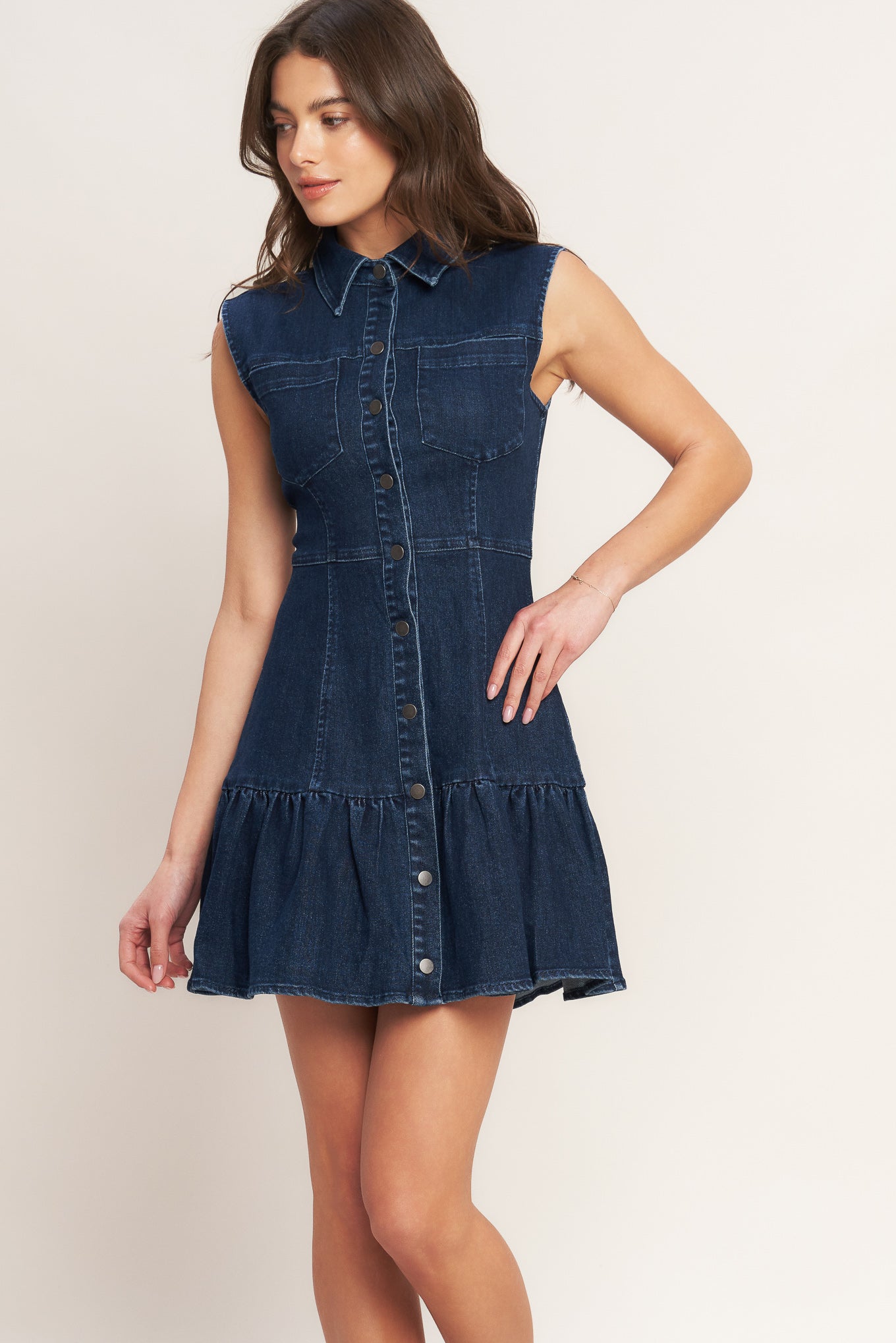 
A washed denim mini dress featuring collar, sleeveless, front pocket, button down and ruffled hem

Details:

Self : 68% Cotton 30% Polyester 2% Spandex

Size &amp; Fit

- Model is 5`8" And Wearing Size Small
- Measurements Taken From Size Small
- Approx. Length: 34" FLYING TOMATO