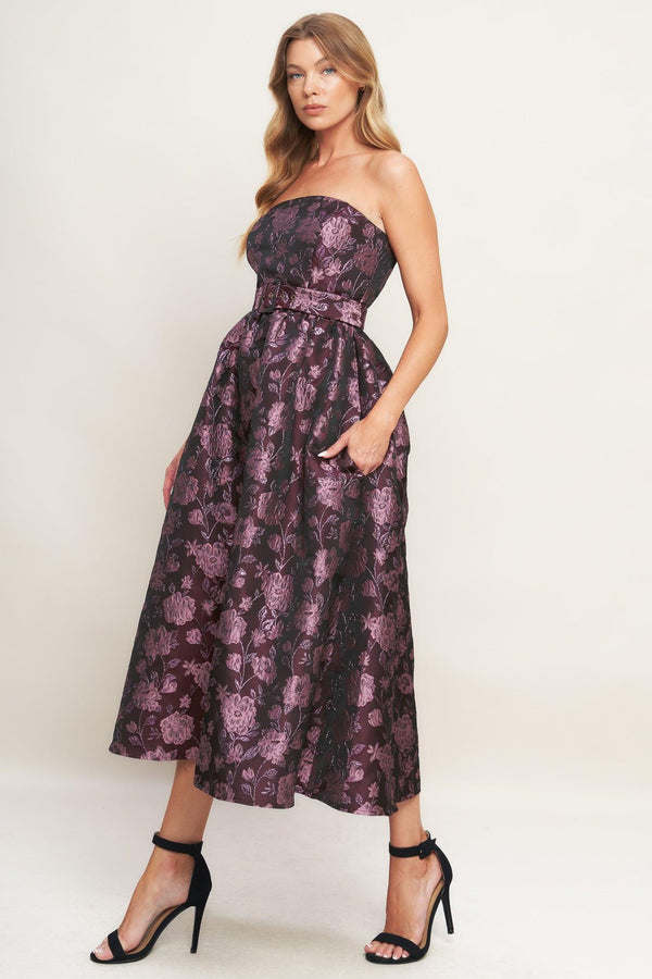AUBERGINE CHIC JACQUARD WOVEN MIDI DRESS.