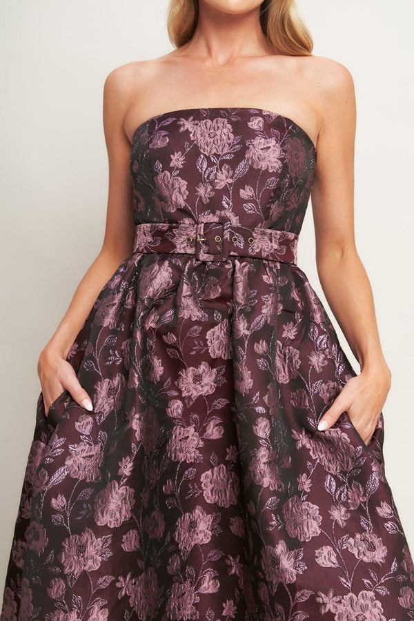 AUBERGINE CHIC JACQUARD WOVEN MIDI DRESS.