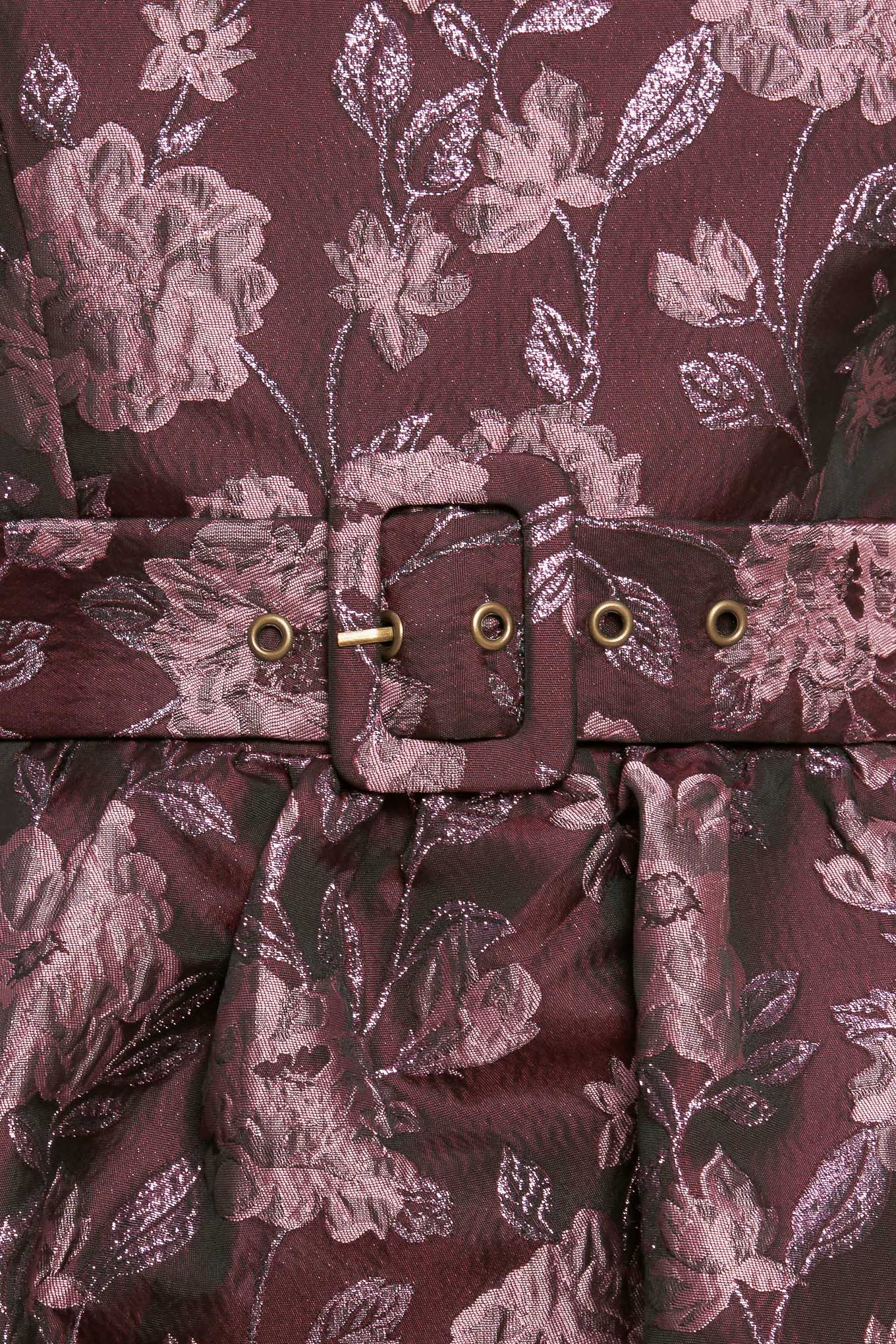 A jacquard woven midi dress featuring strapless neckline, self belt, full skirt and back zipper closure