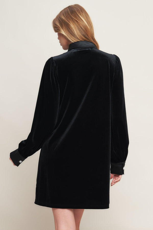 A solid velvet mini dress featuring contrasting collar and placet with jewel button and long sleeve with cuff