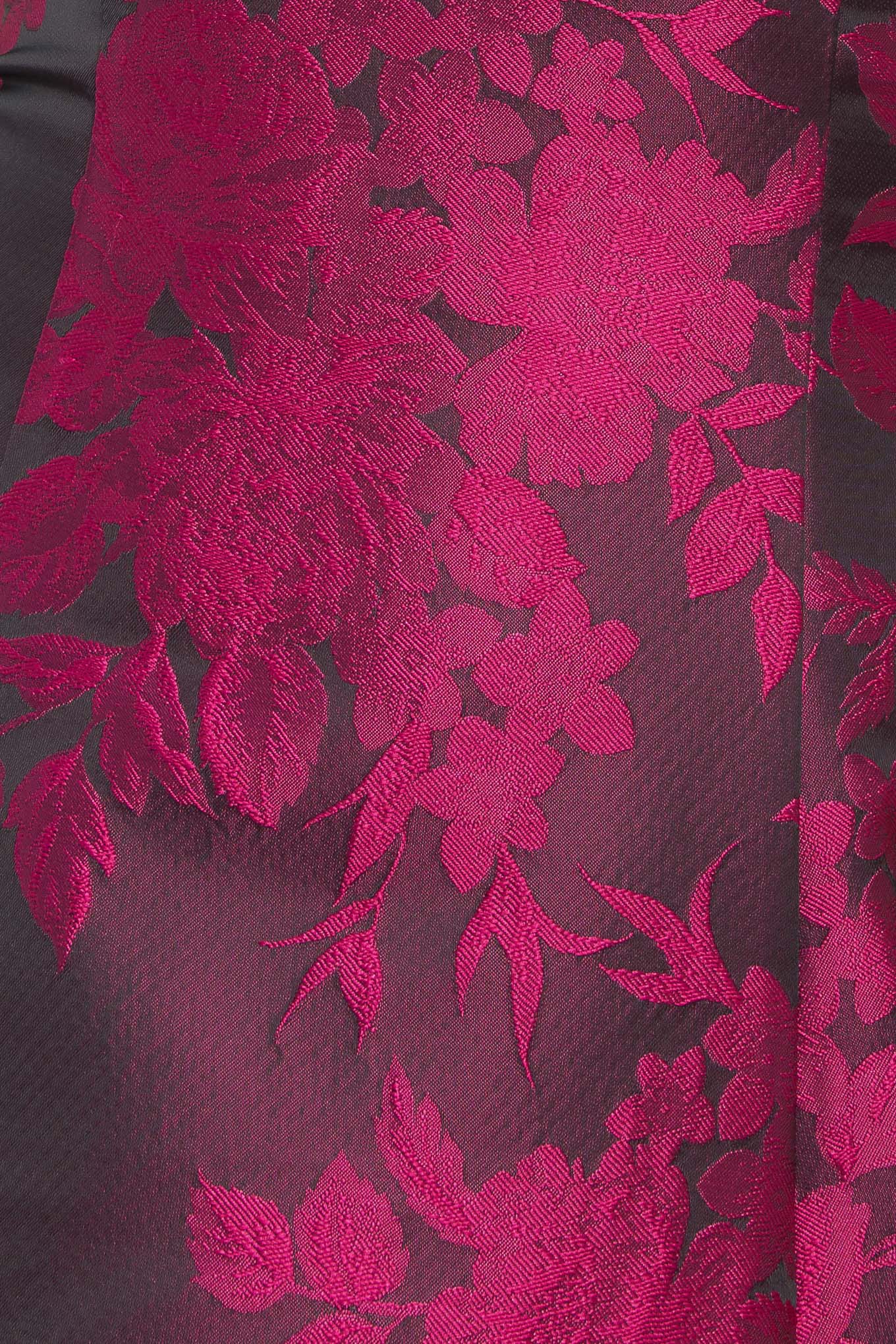 A woven jacquard midi dress featuring strapless, circle skirt and back zipper closure