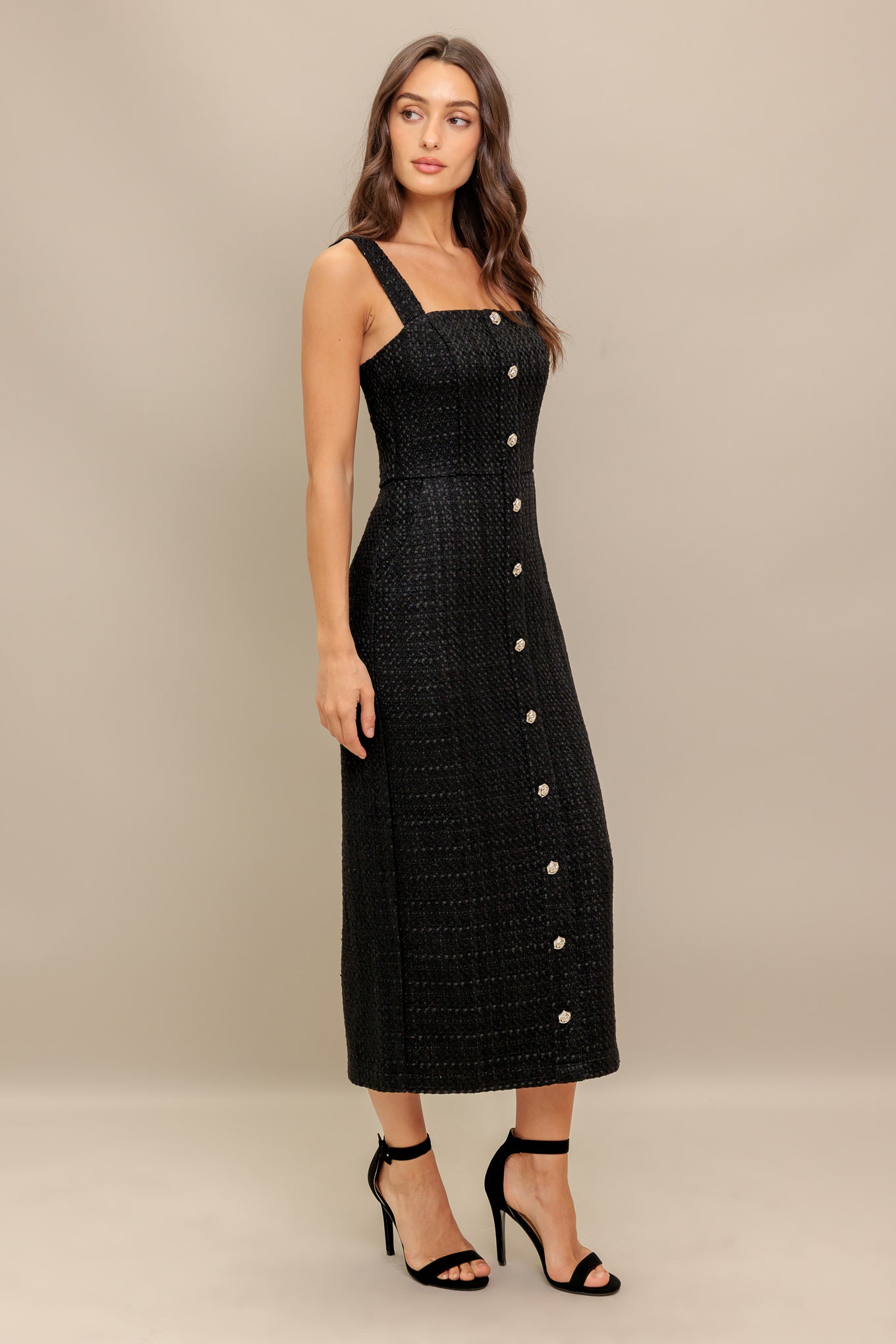 A solid woven tweed midi dress featuring straight neckline, straps, button down detail, pencil skirt and back zipper closure