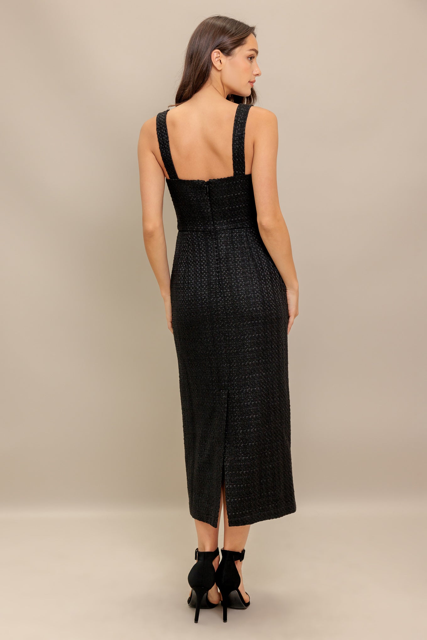 A solid woven tweed midi dress featuring straight neckline, straps, button down detail, pencil skirt and back zipper closure