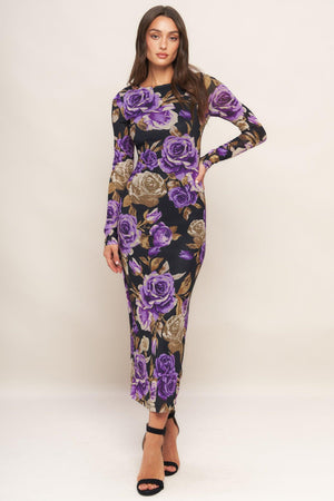 A printed power mesh midi dress featuring body contouring, round neckline, long sleeve and back neck button closure