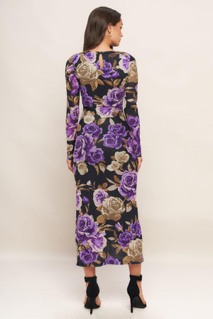 A printed power mesh midi dress featuring body contouring, round neckline, long sleeve and back neck button closure