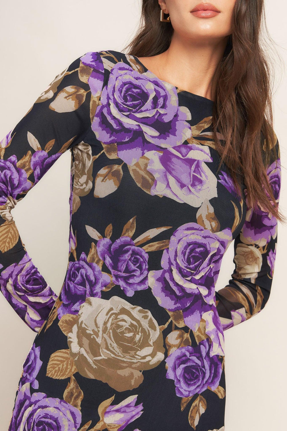 A printed power mesh midi dress featuring body contouring, round neckline, long sleeve and back neck button closure