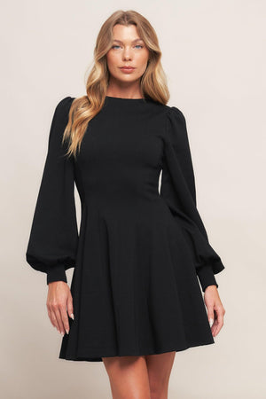 A solid heavy knit mini dress featuring round neckline, long sleeve with cuff, circle skirt and back zipper closure