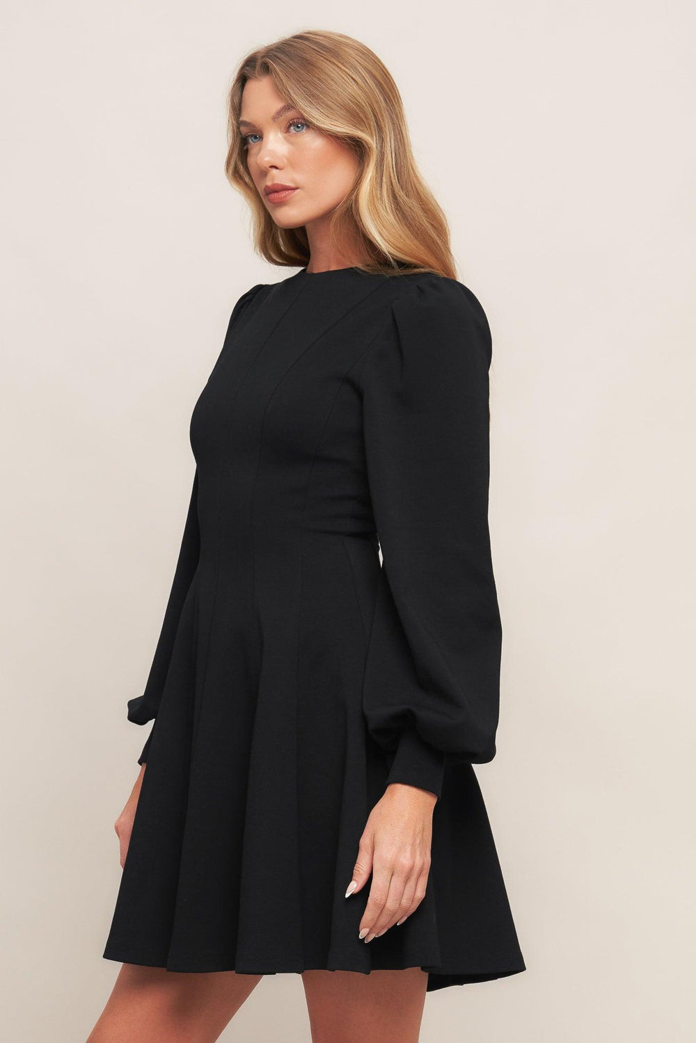 A solid heavy knit mini dress featuring round neckline, long sleeve with cuff, circle skirt and back zipper closure