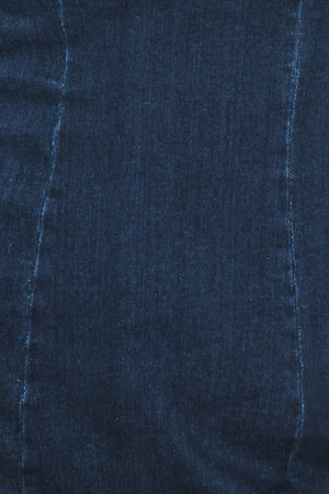 Woman wearing a 3/4 balloon sleeve denim mini dress with a sweetheart neckline | Flying Tomato