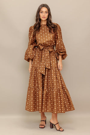 CINNAMON WALTZ WOVEN MIDI DRESS.