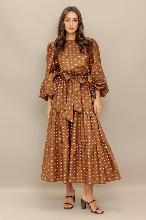CINNAMON WALTZ WOVEN MIDI DRESS.