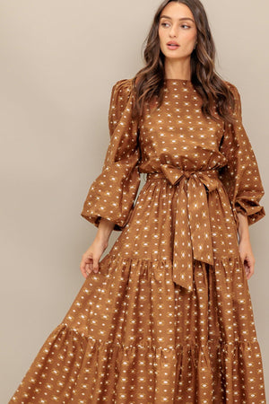 CINNAMON WALTZ WOVEN MIDI DRESS.