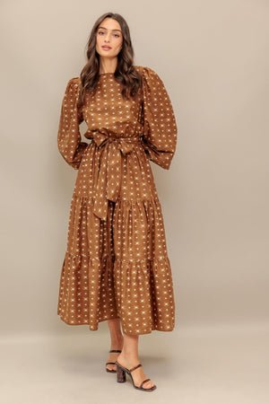 CINNAMON WALTZ WOVEN MIDI DRESS.