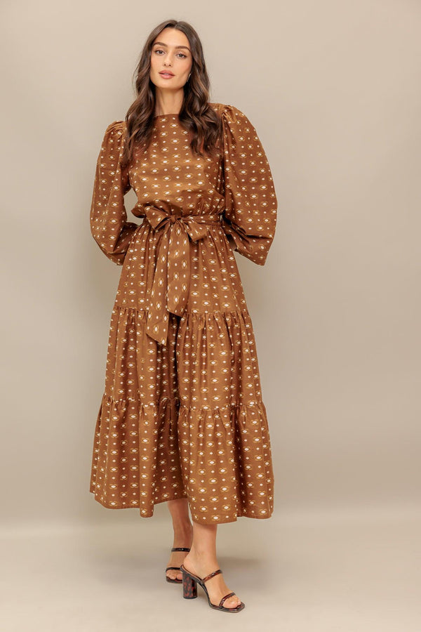 CINNAMON WALTZ WOVEN MIDI DRESS.