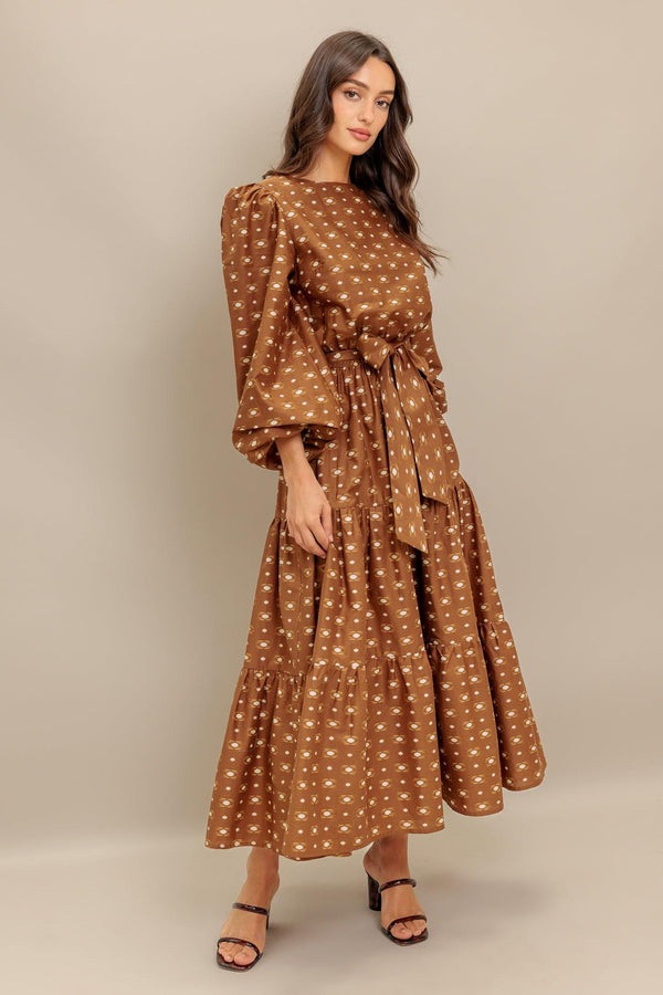 CINNAMON WALTZ WOVEN MIDI DRESS.