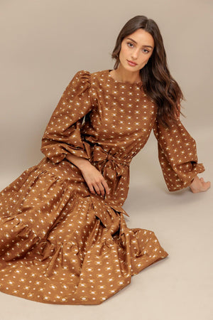 CINNAMON WALTZ WOVEN MIDI DRESS.