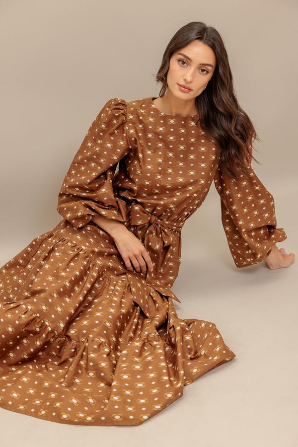 CINNAMON WALTZ WOVEN MIDI DRESS.