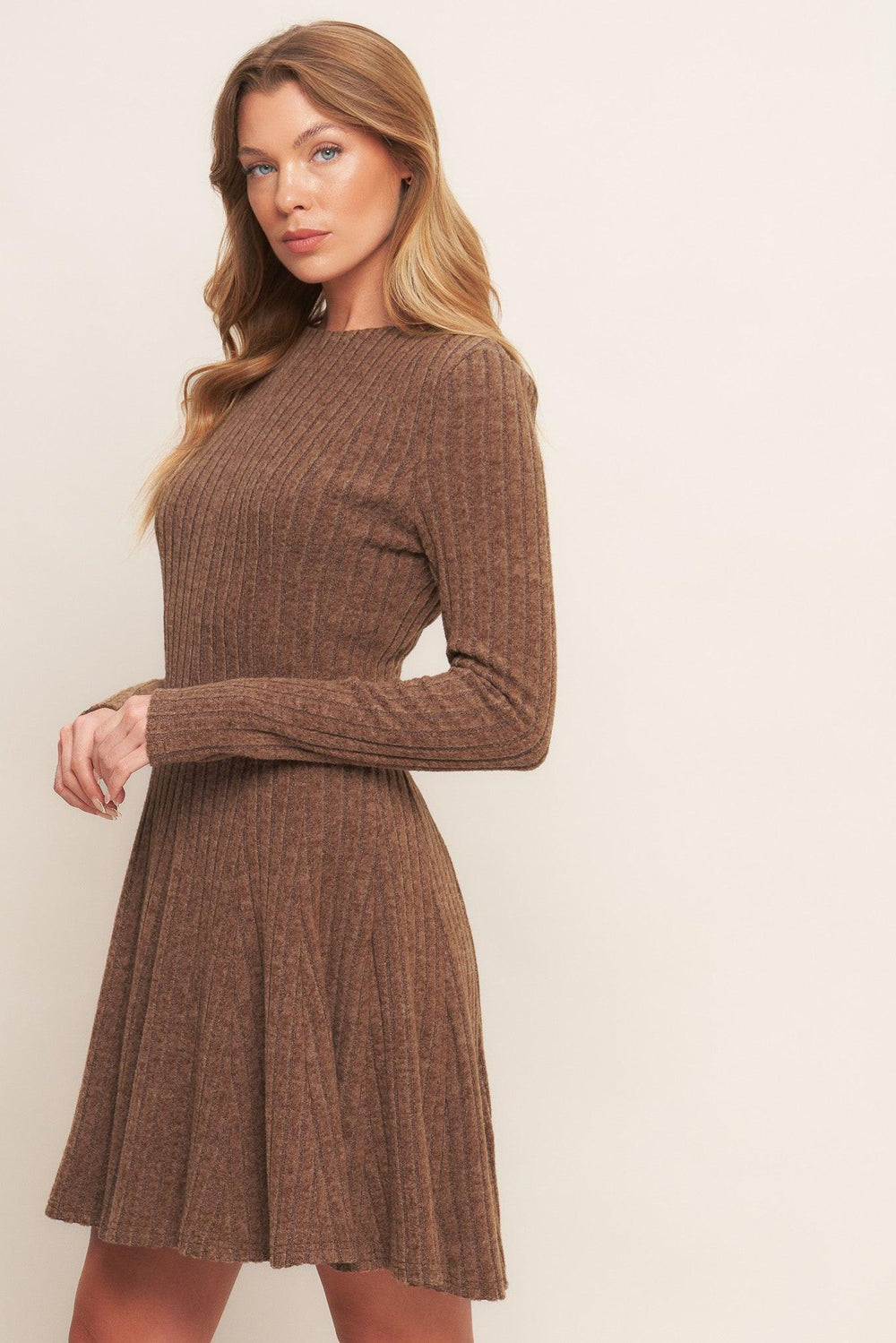 A brushed ribbed knit mini dress featuring round neckline, long sleeve, circle skirt and back zipper closure