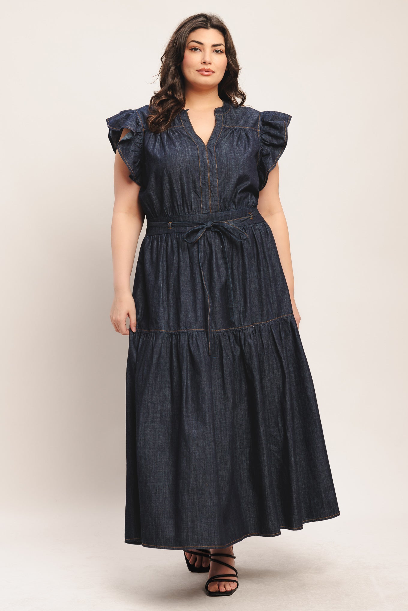 POWER DENIM GODDESS DARK INDIGO MIDI DRESS - Flying Tomato - DRESSES - Flying Tomato