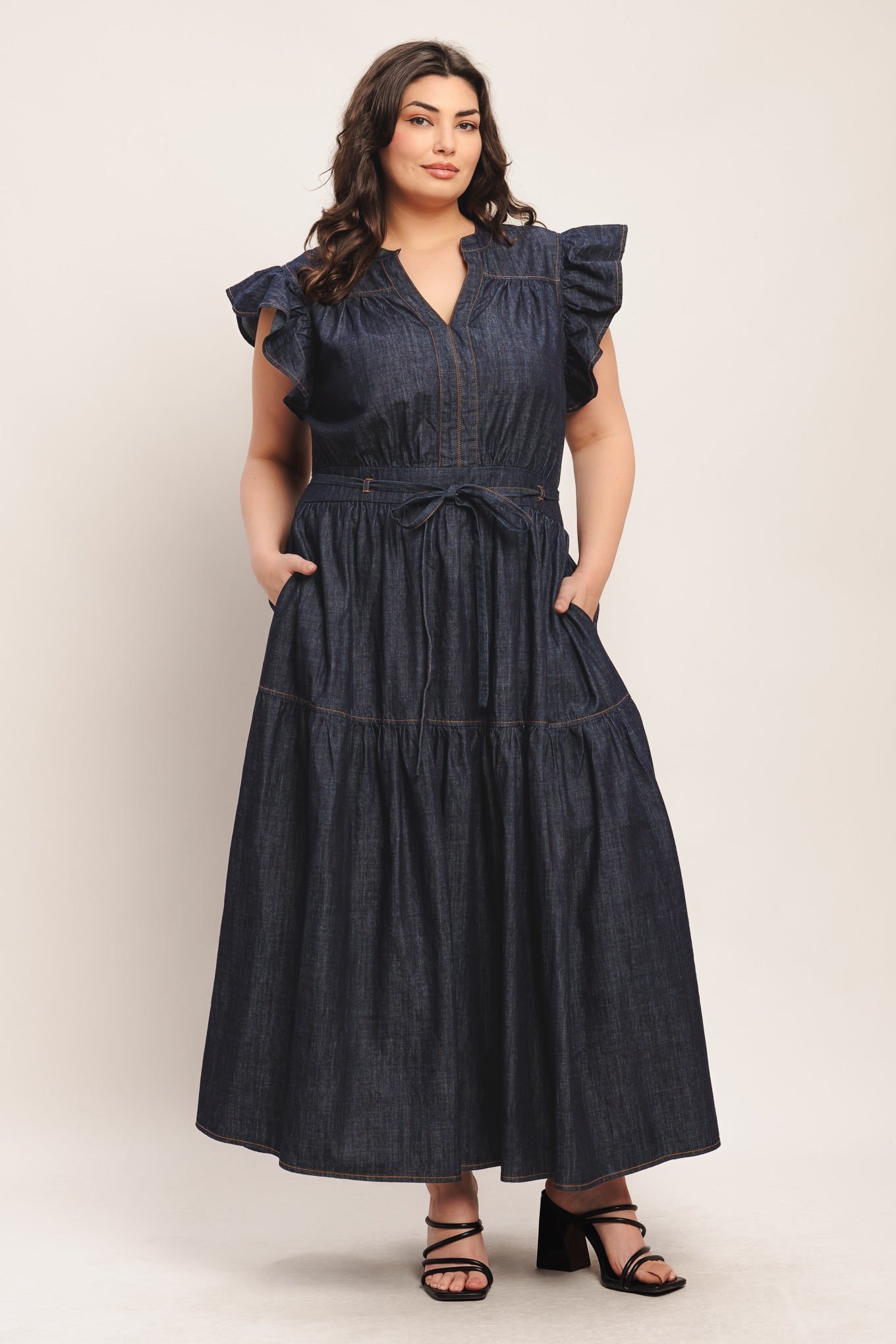 POWER DENIM GODDESS DARK INDIGO MIDI DRESS - Flying Tomato - DRESSES - Flying Tomato