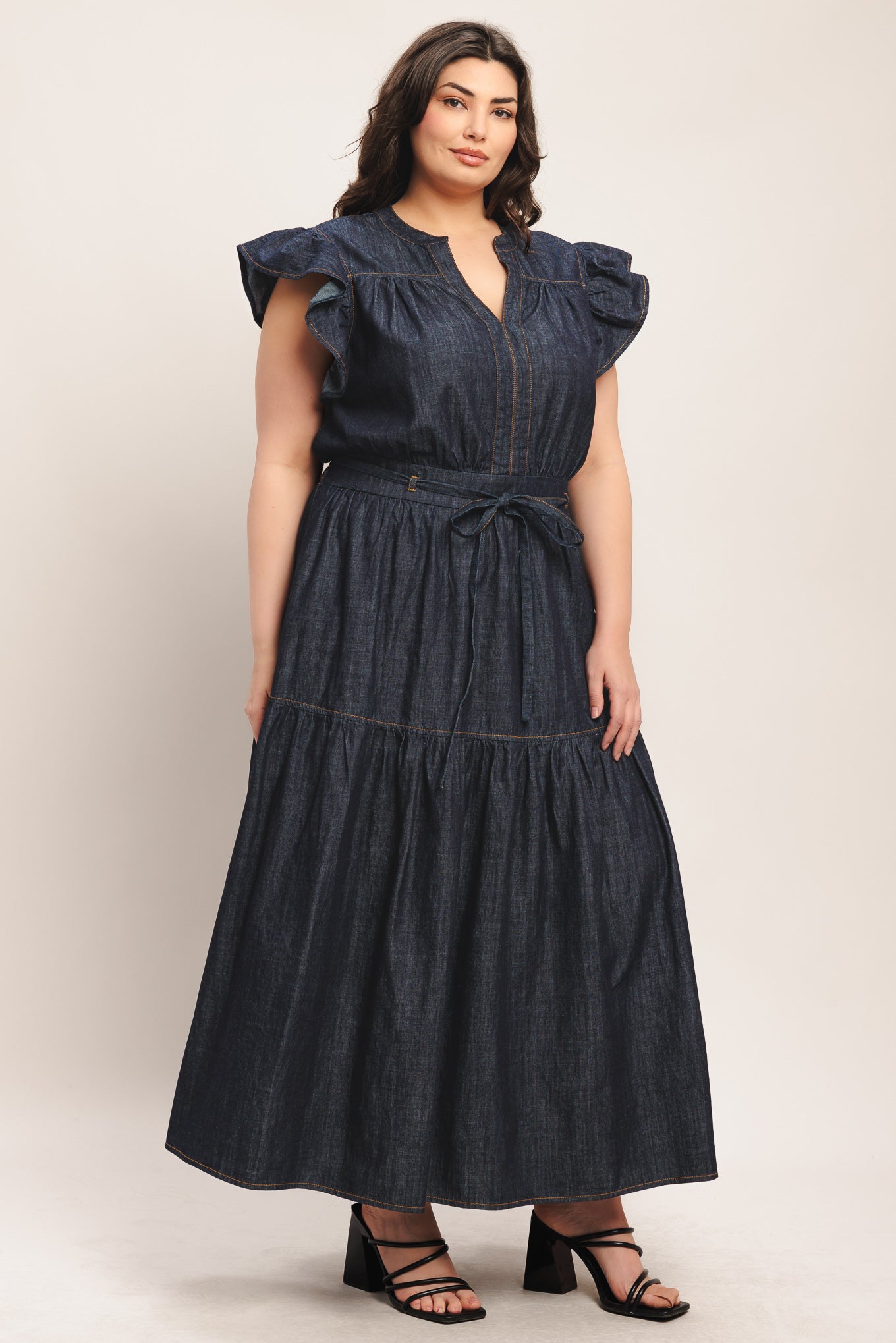 POWER DENIM GODDESS DARK INDIGO MIDI DRESS - Flying Tomato - DRESSES - Flying Tomato