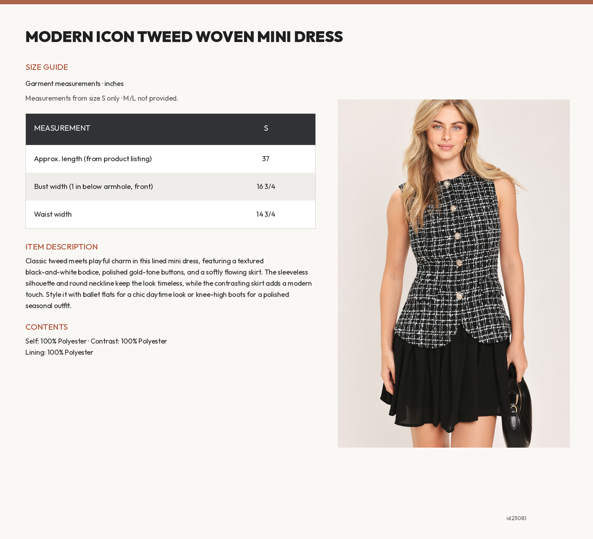 MODERN ICON TWEED WOVEN MINI DRESS size chart