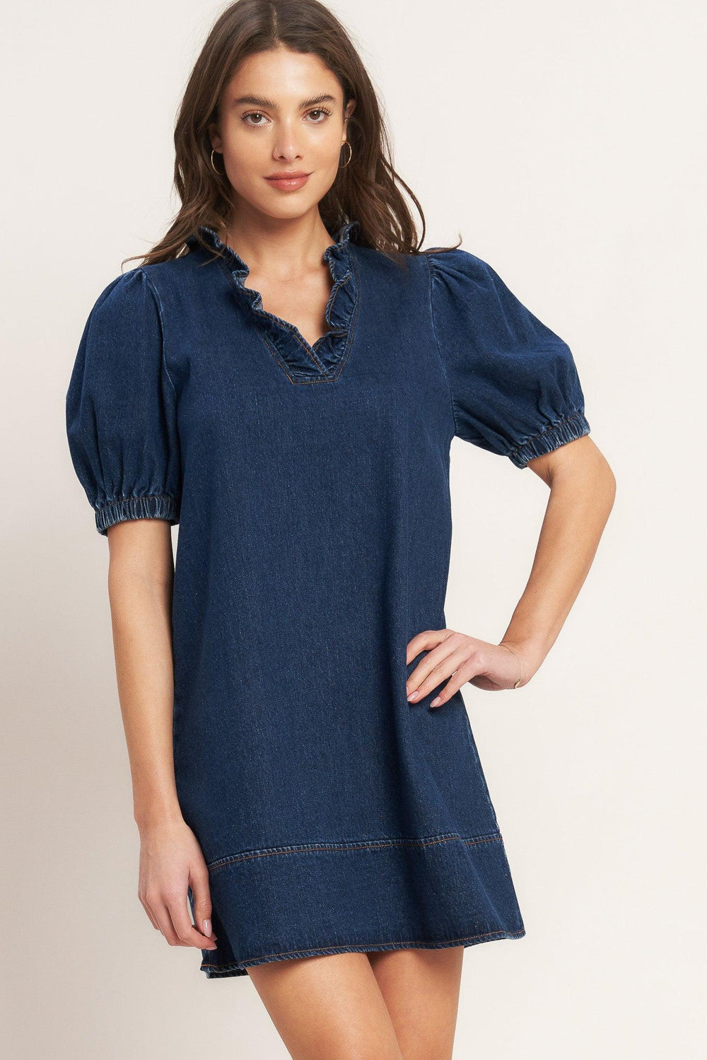 MODERN FOLK TOUCH DNIM MINI DRESS.
