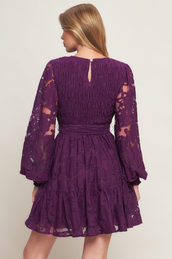 A woven lace mini dress featuring round neckline, long sleeve with cuff, smocked bodice, self sash tie, ruffled hemline and back neck button closure