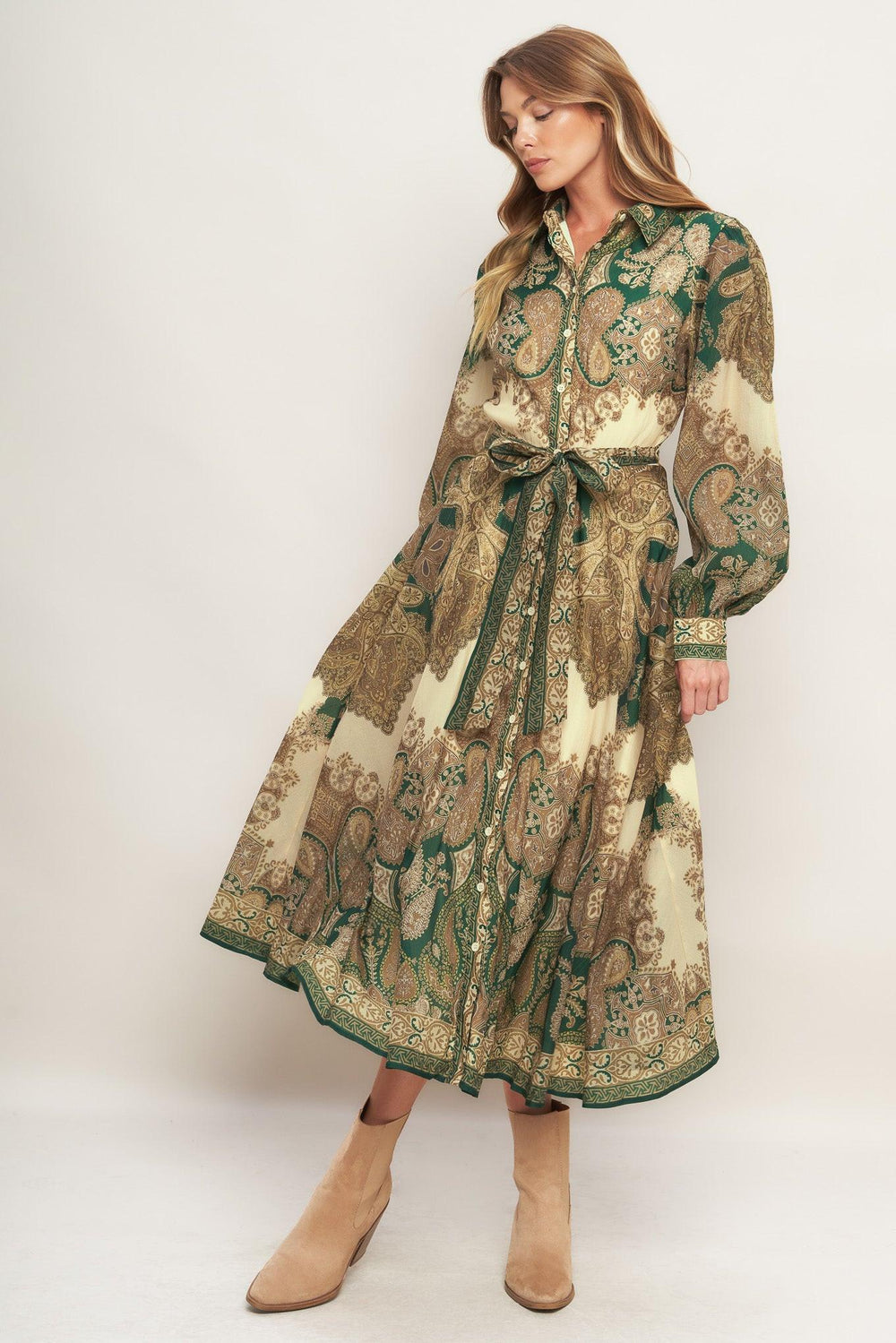 LOVELY GOLDEN VISION WOVEN MIDI DRESS.