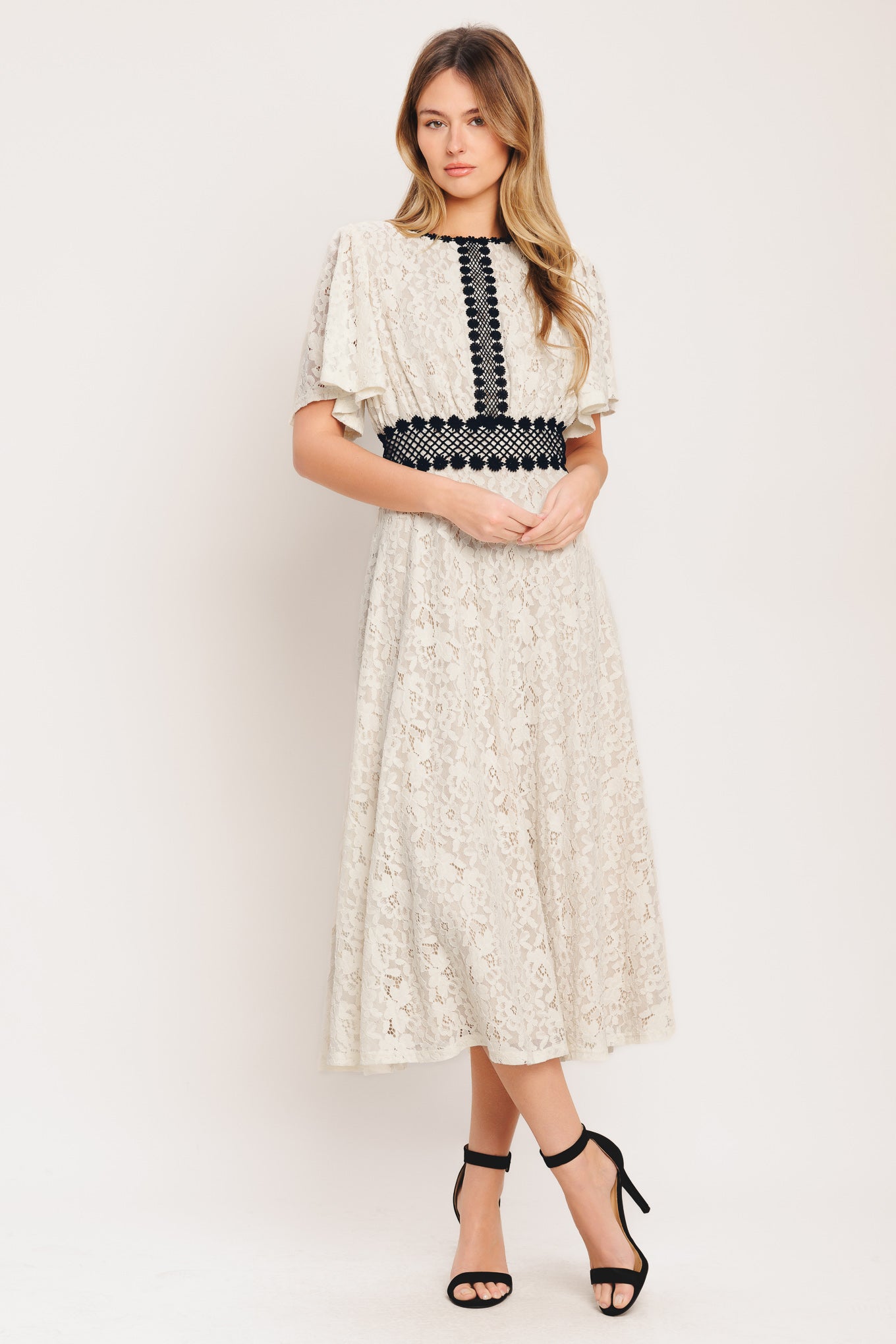 A solid woven lace midi dress featuring round neckline, lace inset detail, circle skirt and back zipper closure

Details:

Self : 100% Polyester
Lining : 100% Polyester
Exclusive of Decoration

Size &amp; Fit

- Model is 5`8" And Wearing Size Small
- Measurements Taken From Size Small
- Approx. Length: 53"