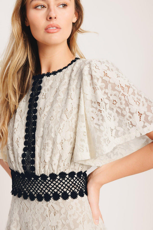 A solid woven lace midi dress featuring round neckline, lace inset detail, circle skirt and back zipper closure

Details:

Self : 100% Polyester
Lining : 100% Polyester
Exclusive of Decoration

Size &amp; Fit

- Model is 5`8" And Wearing Size Small
- Measurements Taken From Size Small
- Approx. Length: 53"